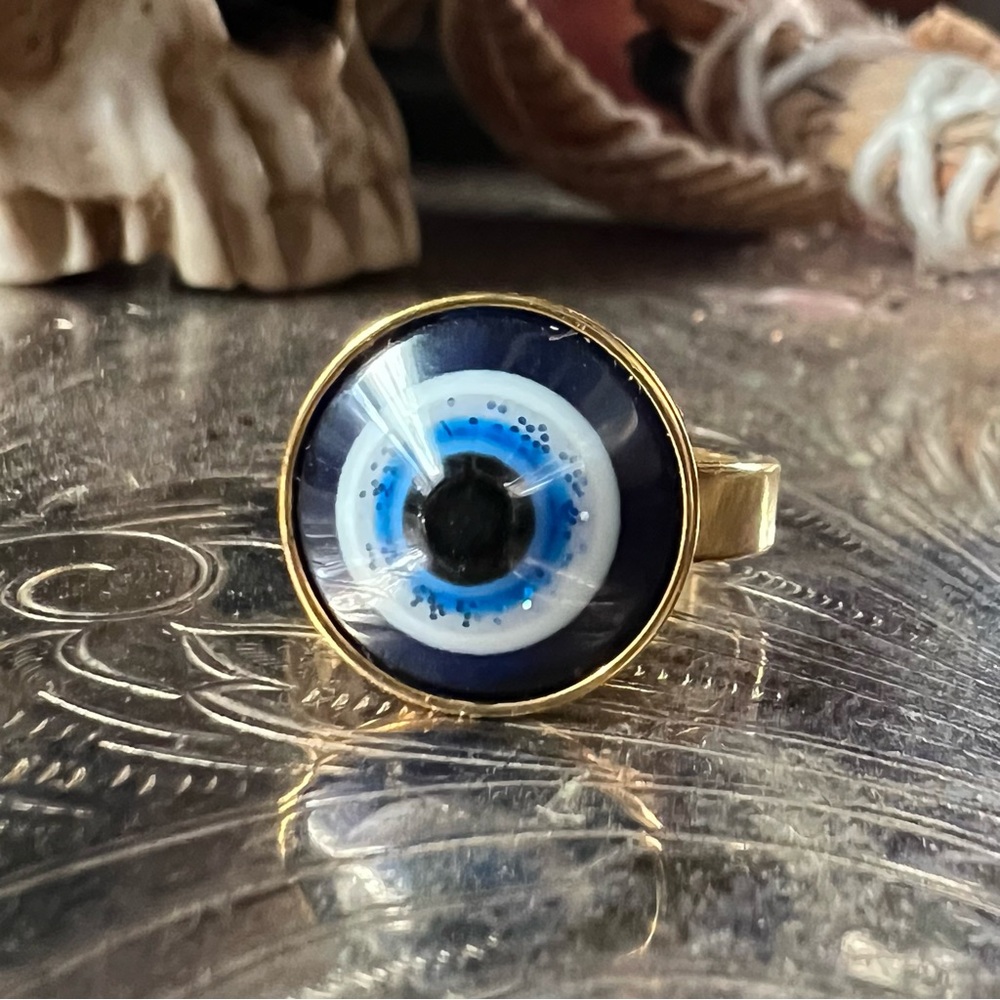Adjustable Brass Evil Eye Ring